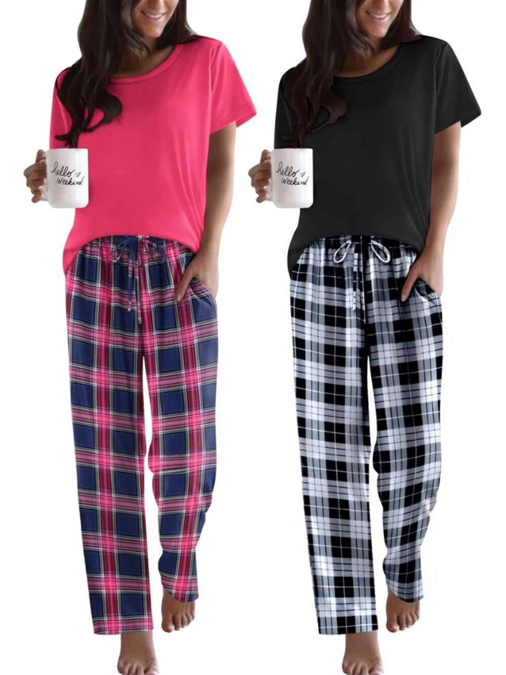 2 Pack Womens Pajama Set Short Sleeve Top and Printed Pants Soft Pj